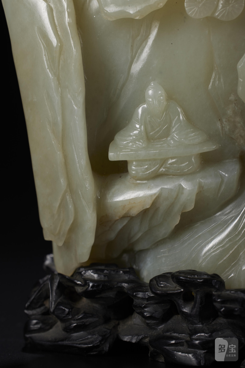 清  白玉松下高士笔筒，紫檀原座 - 图3